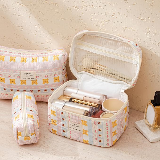 HBselect Quilted Makeup Bag, 3Pcs Cotton Large Travel Makeup Bags Organizer | Cute Floral Make up Bag Cosmetic Bag Toiletry Bag for Women Girls, Makeup Pouch for Skincare, Brushes & Travel Essentials
