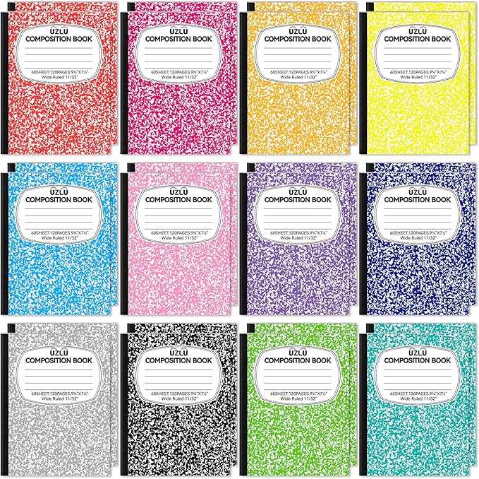 24 Pack 9.75 x 7.5 in Large Composition Notebooks Bulk 12 Color Wide Ruled Composition Books Marble Journal Notebook 60 Sheets per Book for Aldult Student College Office Back to School Supplies