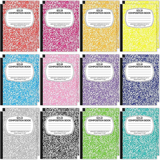 24 Pack 9.75 x 7.5 in Large Composition Notebooks Bulk 12 Color Wide Ruled Composition Books Marble Journal Notebook 60 Sheets per Book for Aldult Student College Office Back to School Supplies