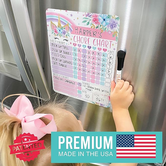 Hadley Designs Magnetic Chore Chart for Kids – Reward Chart for Kids, Dry Erase Responsibility Board for Children at Home, Fridge Behavior Tracker for Daily & Weekly Tasks, Unicorn Toddler Chore Board