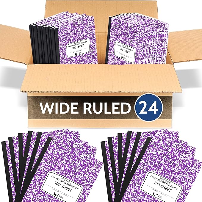24 Pack - EPI Wide Ruled Marble Composition Notebook - Purple 200 Page Note Book - 9.75 x 7.5 Inch Hardcover Journal with Sewn Binding for Secure Pages - Classroom Back to School Supplies