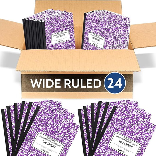 24 Pack - EPI Wide Ruled Marble Composition Notebook - Purple 200 Page Note Book - 9.75 x 7.5 Inch Hardcover Journal with Sewn Binding for Secure Pages - Classroom Back to School Supplies