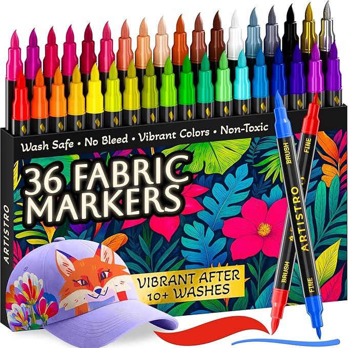ARTISTRO 36 Dual-Tip Fabric Markers - Fabric Decorating Kit - Permanent for Clothes - No Bleed Pens for T-Shirts, Bags, Textile, Canvas, and More (Brush Tip and Fine Tip)