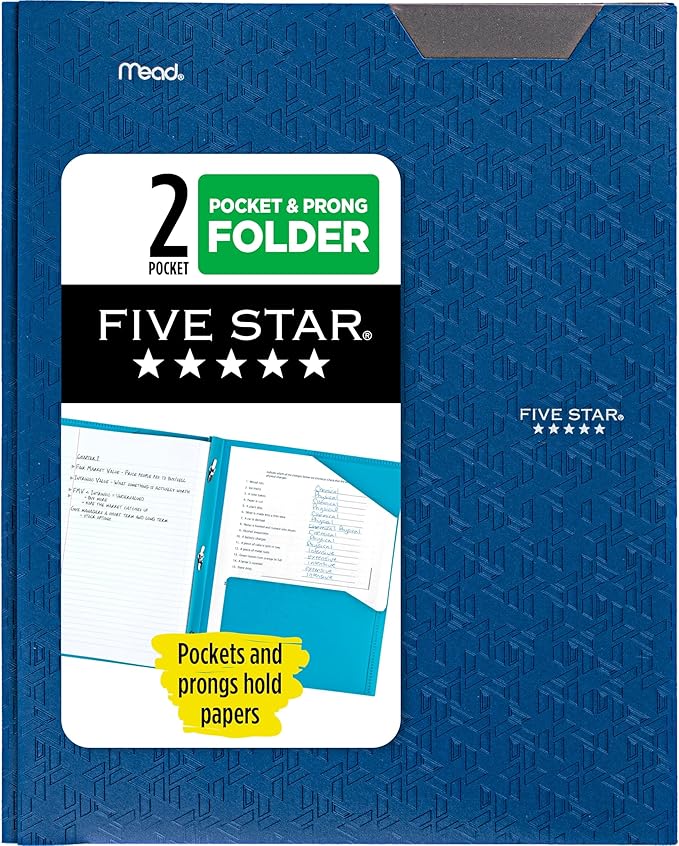 Five Star 2-Pocket Folder, Plastic Folder with Stay-Put Tabs and Prong Fasteners, Holds 8-1/2" x 11" Paper, Pacific Blue (72115)