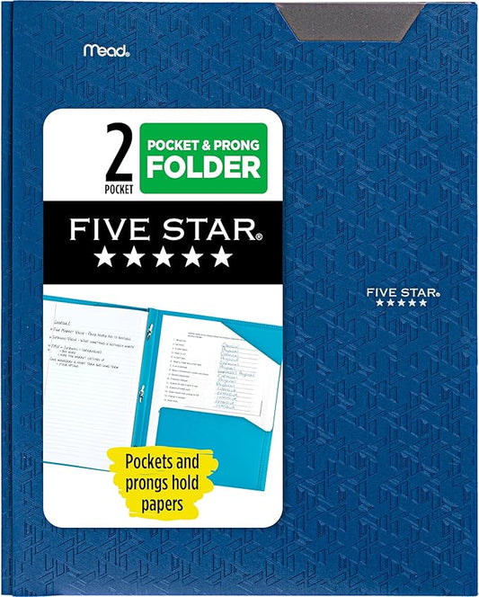 Five Star 2-Pocket Folder, Plastic Folder with Stay-Put Tabs and Prong Fasteners, Holds 8-1/2" x 11" Paper, Pacific Blue (72115)