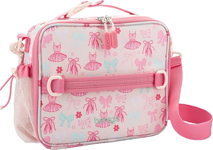 Bentgo Kids Prints Double-Insulated Reusable Lunch Bag | For Kids 3+, Adjustable Strap; Holds Lunch Box/Water Bottle/Snacks; Easy-Clean, Water-Resistant, Pockets (NEW Ballet & Bows)