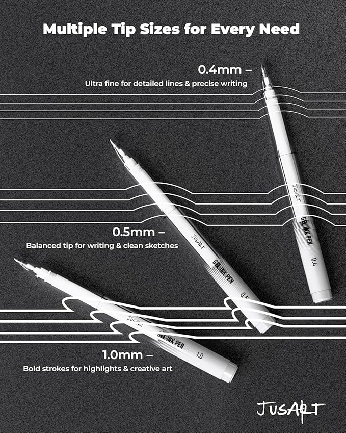 JusArt White Gel Pens with 0.4mm, 0.5mm & 1.0mm Assorted Tips, Opaque White Ink Pens for Black Paper, Drawing, Journaling & DIY Crafts, Ideal Drawing Pens for Artists & Art Supplies, 5 Pack