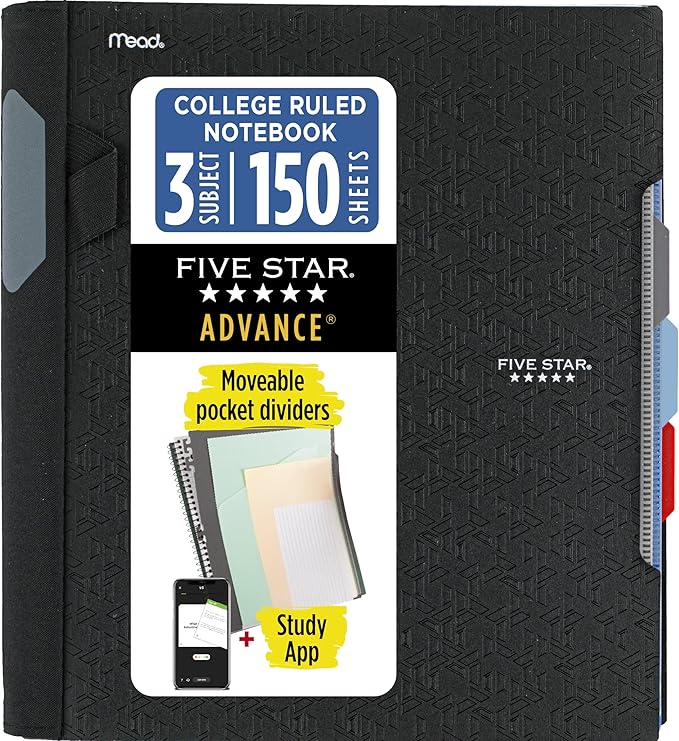 Five Star Advance Spiral Notebook + Study App, 3 Subject, College Ruled Paper, 8-1/2" x 11", 150 Sheets, Spiral Guard, Movable Tabbed Dividers, Black (73132)