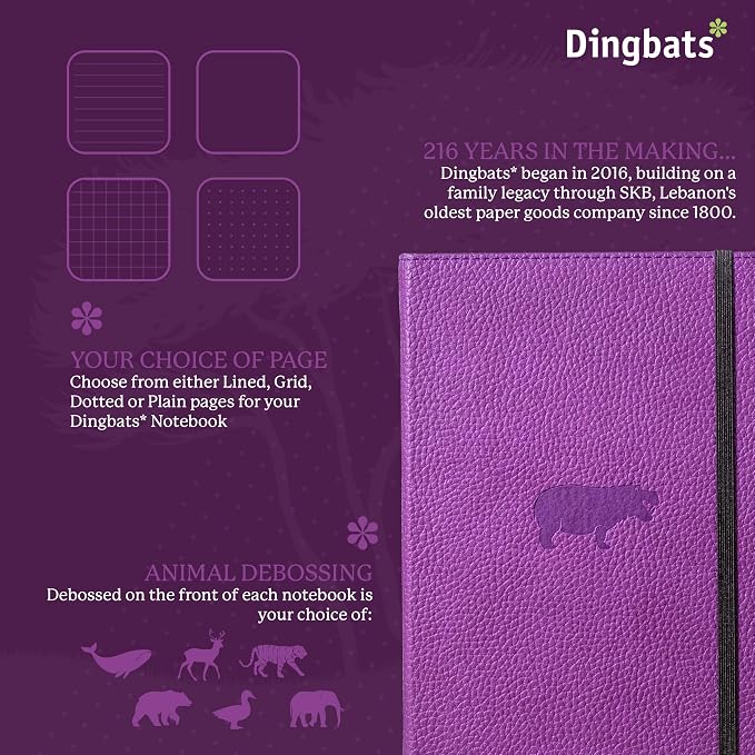 Dingbats* Wildlife Dotted Writing Journal Notebook A5 - Vegan Leather Hardcover - Ideal for Work, Travel - Pocket, Elastic Closure, & Bookmark