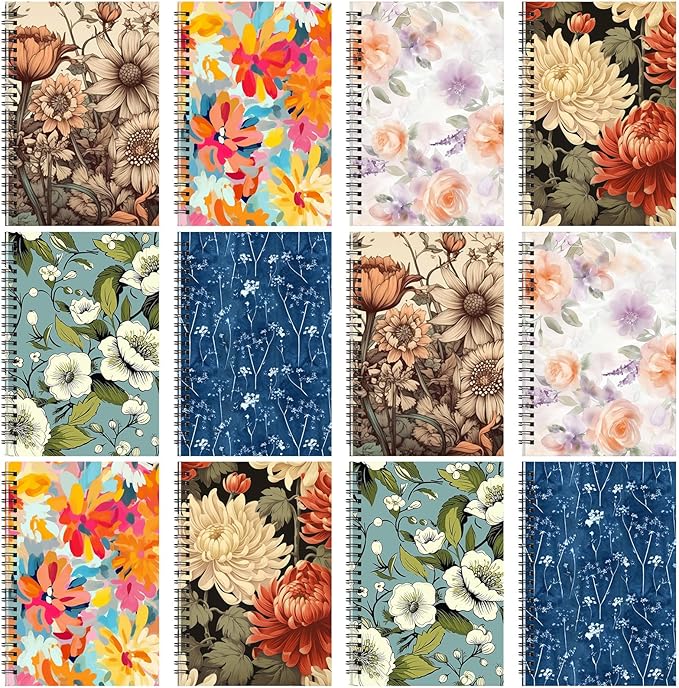 Fuutreo 12 Pcs Spiral Notebook for Work A5 8.3 x 5.7 Inch College Ruled Spiral Journal Notebook Kraft Cover Ruled Paper, 12 Color, 60 Sheets, 120 Pages for Office School (Vintage Flower,Innovative)