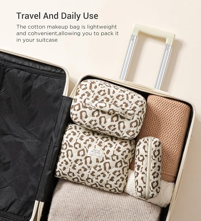 HBselect Quilted Makeup Bag, 3Pcs Cotton Large Travel Makeup Bags Organizer | Cute Floral Make up Bag Cosmetic Bag Toiletry Bag for Women Girls, Makeup Pouch for Skincare, Brushes & Travel Essentials