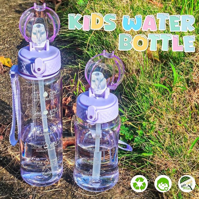 OLDLEY 12oz Kids Water Bottle, Tritan BPA-Free, Leakproof Flip Straw Lid, Motivational Time Marker, Carry Strap, Reusable Clear Water Bottle for Boys & Girls,Amethyst
