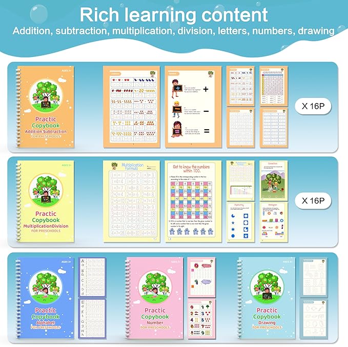 WANFRES Magic grooved Writing Practice Books Great for Beginners, 5 Books, 2 pens, 2 Pencil Grips, 20 Refills. grooved Handwriting Practice for Kids 3-10, Reusable grooved Handwriting workbooks.
