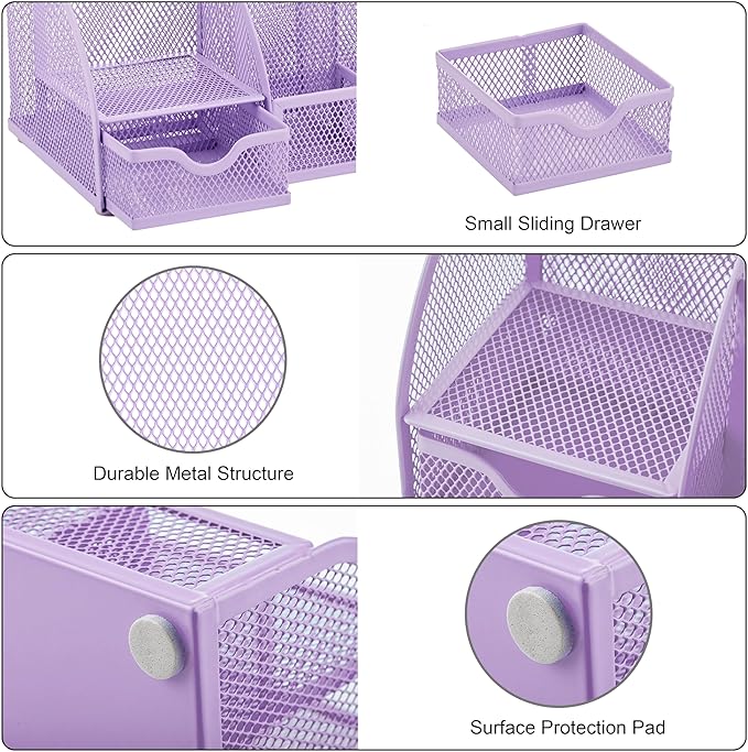 Exerz Desk Organizer Light Purple Office Desk Accessories Supplies Office Storage Desktop Pencil Pen Holder with Drawer Home Workspace