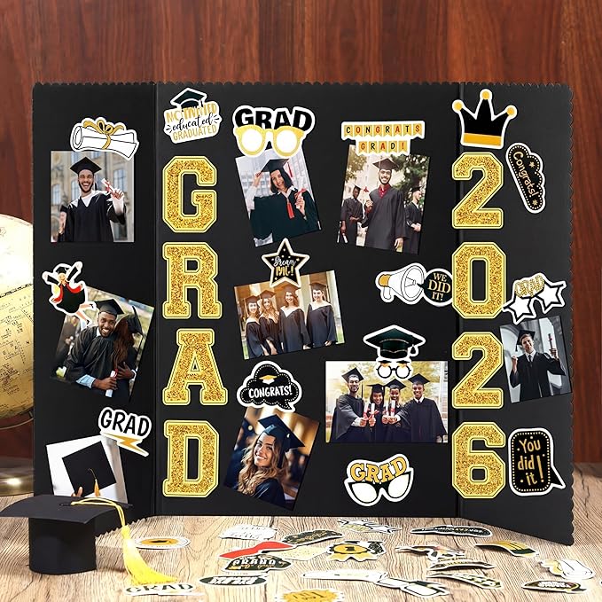 MiniInflat 4 Set 2026 Graduation Picture Trifold Poster Board Double-Sided Foldable Photo Display Board Graduation Decoration for Class of 2026 High School College DIY Craft(Gold,24 x 16 Inches)