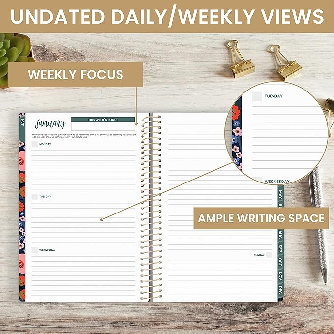 bloom daily planners UNDATED Calendar Year Day Planner - Passion/Goal Organizer - Start Anytime Monthly/Weekly Agenda Book with Tabs (January to December) - 5.5" x 8.25" - Poppy Meadow, Blue