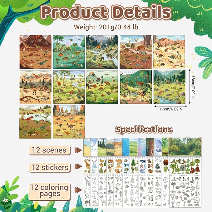Dinosaur Sticker Book for Toddlers 2-4 Years Sticker Activity Book for Kids with 12 Scenes & 12 Coloring Pages Toddler Travel Essential Quiet Time Activities