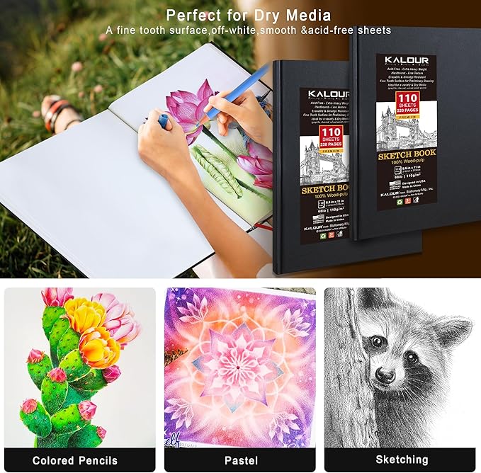 Kalour Hardcover Sketch Book,8.5“x11,Pack of 2, 220 Sheets (68lb/110gsm),Acid Free Art Sketchbook, Artistic Drawing Painting Writing Paper for Kids Adults Beginners Artists
