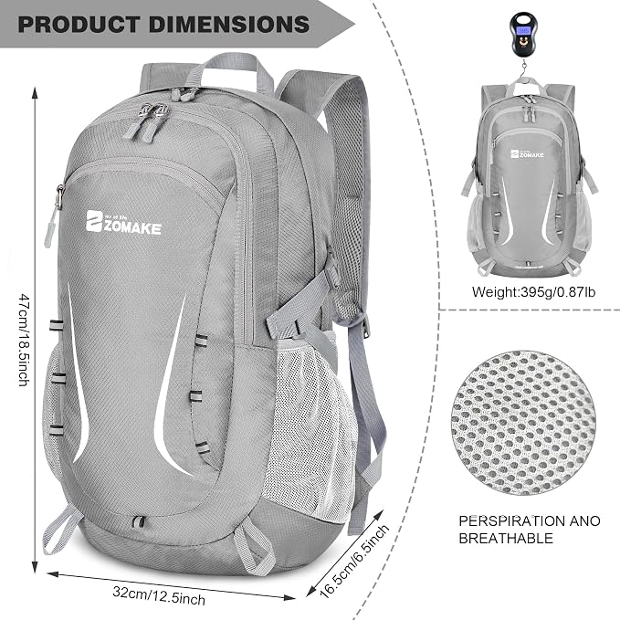 ZOMAKE Lightweight Packable Backpack 35L, Foldable Backpacks Water Resistant Collapsible Light Daypack for Hiking(Silver Grey) | Light Hiking Backpacks Water Resistant Collapsible Day Pack for Travel, Everyday Carry, Multi-Pocket Layout, Heavy Duty Nylon