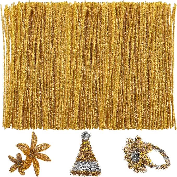 Gold Pipe Cleaners,Glitter Gold Craft Pipe Cleaners,200pcs Supplies for Home DIY Handmade Arts,Arts and Crafts for Kids Ages 6-8,Glitter Pipe Cleaners for Festivals DIY Decorations,Christmas Decor