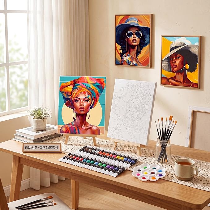 Cholemy 36 Pcs Paint and Sip Kit for Adults 8''x10'' Pre Drawn Canvas for Painting DIY Afro Acrylic Painting Kit Wood Easel Brushes Date Night Bulk for Father's Day Party Gifts(African Women)