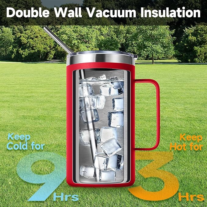 Volhoply 22oz Insulated Stainless Steel Coffee Mugs with Leakproof Lid Bulk 2 Pack,Double Wall Vacuum Travel Coffee Cup with Handle,Reusable Metal Tumbler,Camping Mug Keep Hot&Cold(Mix,2)