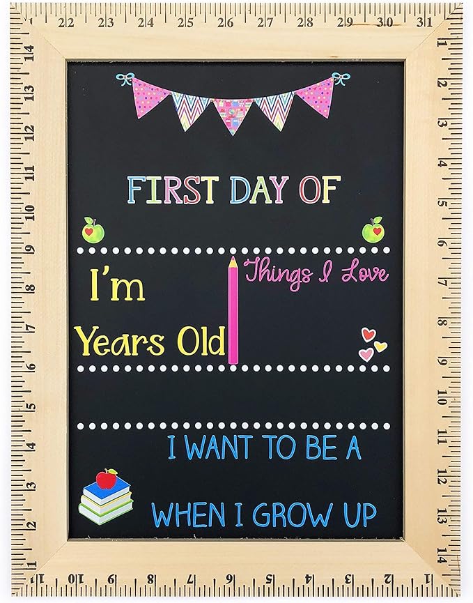 First Day of School Sign (11.5"x15"), Reusable Chalkboard Sign, Easy-to-Clean with Real Wooden Ruler Frame, Handmade in USA by Bloom Owl, Perfect for Back to School, First Day of Kindergarten Girl
