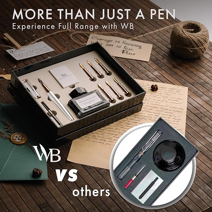 Wordsworth & Black Calligraphy Pen Gift Set, Includes Ink Bottle, 6 Ink Cartridges, A Refill Converter, 6 Replacement Nibs, Journaling, Smooth Writing Pens [White Rose Gold]