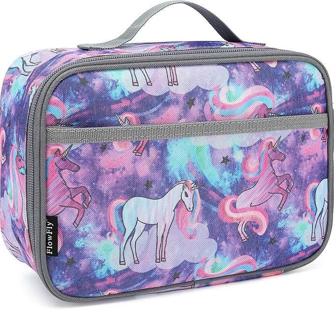 FlowFly Kids Lunch box Insulated Soft Bag Mini Cooler Back to School Thermal Meal Tote Kit for Girls, Boys, Unicorn#2