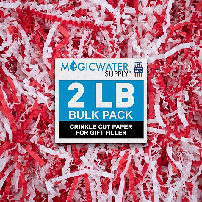 MagicWater Crinkle Cut Paper for Gift Baskets - 2LB - Red & White - Perfect for Shredded Paper Filler, Basket Filler, Gift Boxes, Bridesmaid Gifts, Christmas Stuffers & More – Ideal for All Occasions