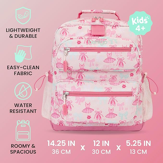 Bentgo Kids Print Backpack - Lightweight 14” Backpack for School, Travel & Daycare, Ideal for Ages 4+, Durable & Water-Resistant, Roomy Interior, & Loop for Lunch Bag (NEW Ballet & Bows)