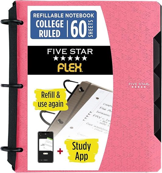 Five Star Flex Refillable Notebook + Study App 1 Inch O-Rings Binder with Pockets Tabs and Dividers, 220 Sheet Capacity, Includes 60 Sheets 8.5" x 11" College Ruled Paper, Prom Pink (293280R)