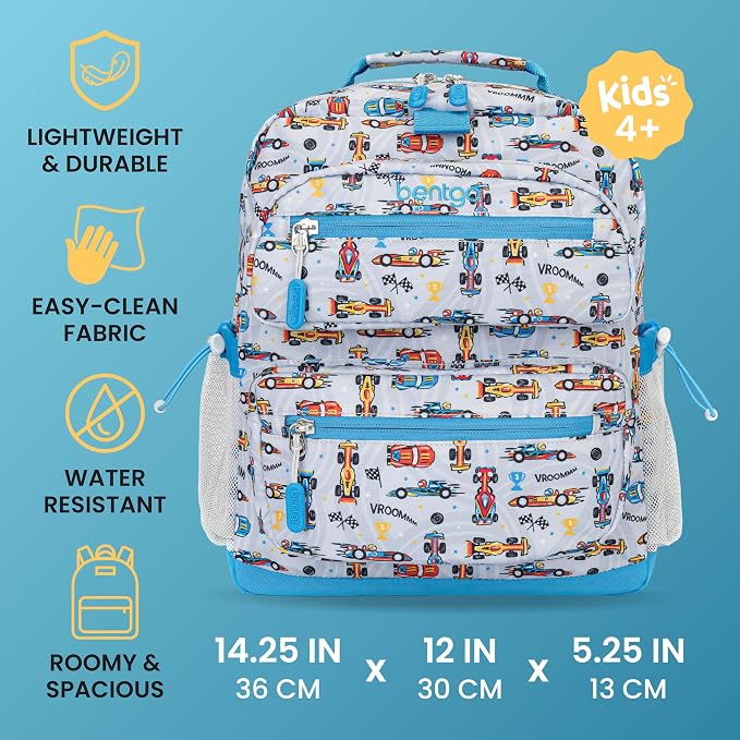 Bentgo Kids Print Backpack - Lightweight 14” Backpack for School, Travel & Daycare, Ideal for Ages 4+, Durable & Water-Resistant, Roomy Interior, & Loop for Lunch Bag (NEW Race Cars)