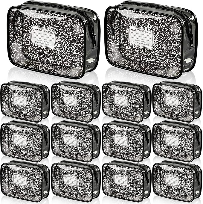 Suclain 12 Pack Back to School Teacher Gift, Teacher Survival Kit Bag, Composition Book Zipper Cosmetic Pouches, Transparent PVC Waterproof Pencil Case Toiletry Makeup Bag for School Supplies, Travel