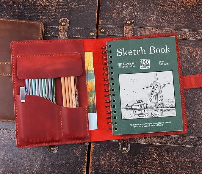 Robrasim Handmade Leather Sketchbook Cover, Leather Artist Sketch Pad Cover for 5.5" x 8.5" Sketchbook, Drawing Book and Pencil Case, Journal Notebook Portfolio, Artis Gifts-Wine