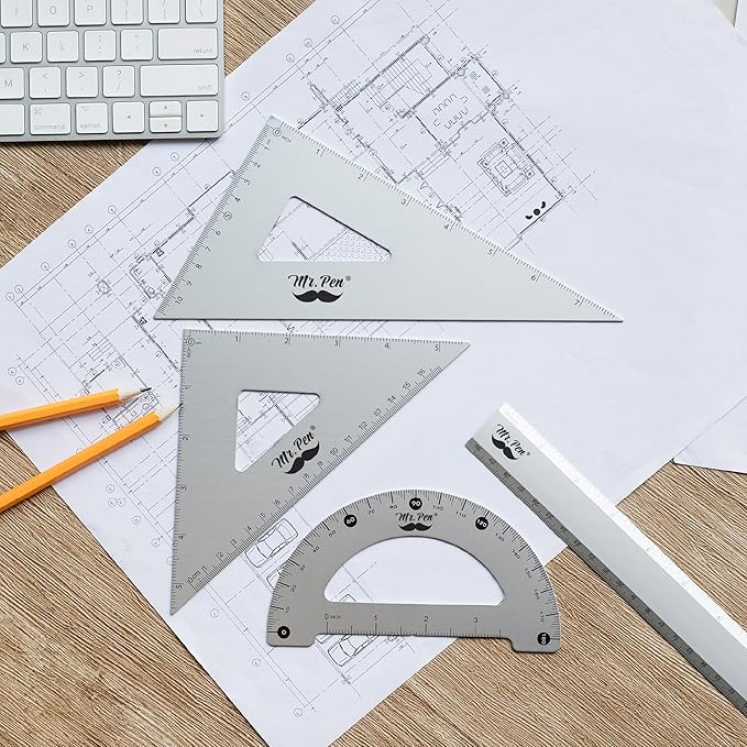 Mr. Pen- Metal Geometry Kit, 4 Pack, 45° & 30°/60° Set Squares, 6" Protractor & 12" Ruler, Durable Metal Drafting Tools for Technical Drawing, Math, Engineering & Architecture