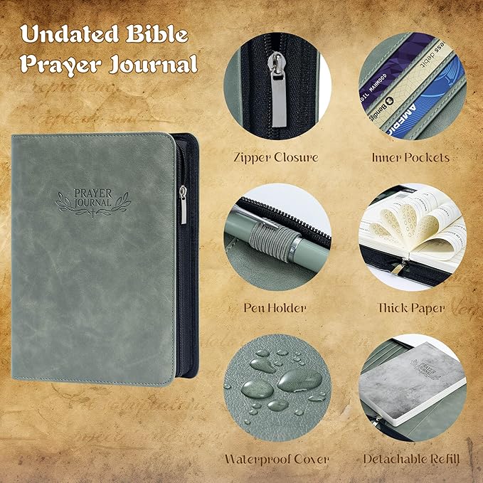 Ospelelf Prayer Journal Zippered Faux Leather Christian Daily Devotional Bible Scripture Study Tracker Notebook Planner for Reflection Gratitude Gift for Jesus Faith Believers Men Women Undated 3 Months Green