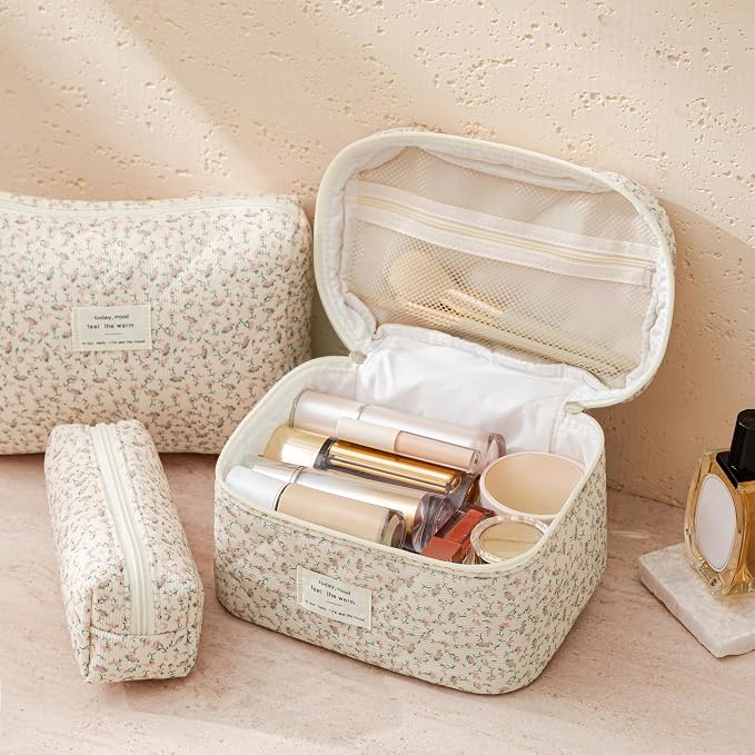 HBselect Quilted Makeup Bag, 3Pcs Cotton Large Travel Makeup Bags Organizer | Cute Floral Make up Bag Cosmetic Bag Toiletry Bag for Women Girls, Makeup Pouch for Skincare, Brushes & Travel Essentials