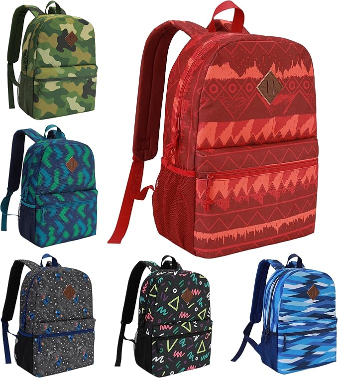 12-Pack 17" Bulk Backpacks for Middle School Students, Bookbags in 6 Assorted Prints, Durable School Backpacks for School Drives, Donations, and Giveaways