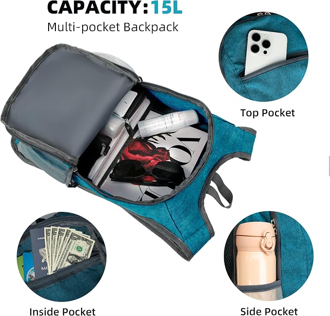 Xgunion Hiking Backpack 10L Lightweight Foldable (Teal Blue) | Small Travel Daypack, Packable Camping Backpack for Women Men