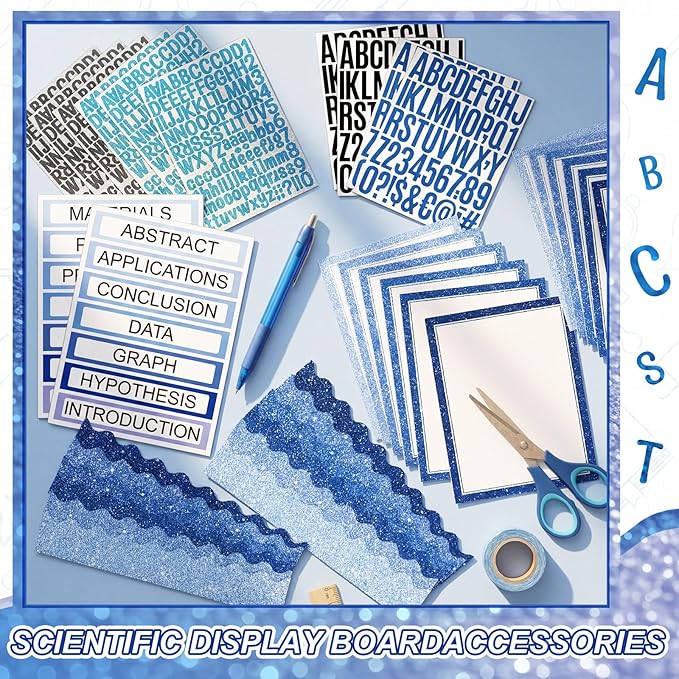 Sinload 92 Pcs Science Fair Board Supplies 60 Trim Scalloped Poster Boards 18 Presentation Subtitles 6 Project Titles 8 Letter Sticker for Classroom Display Boards(Glitter Blue,Wave)