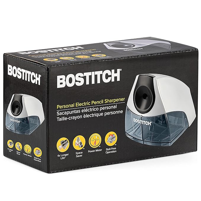 Bostitch Office Electric Pencil Sharpener for Classroom & Desk Use, Heavy-Duty Stall-Free Motor, High-Capacity Shavings Tray, Silver