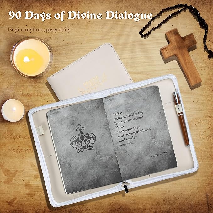 Ospelelf Leather Prayer Journal for Women with Zipper Closure, Portable Travel Size Bible Notebook with Storage Pockets, Undated 3 Months Devotional Diary for Christian Gift, Gratitude Prayer Book, White