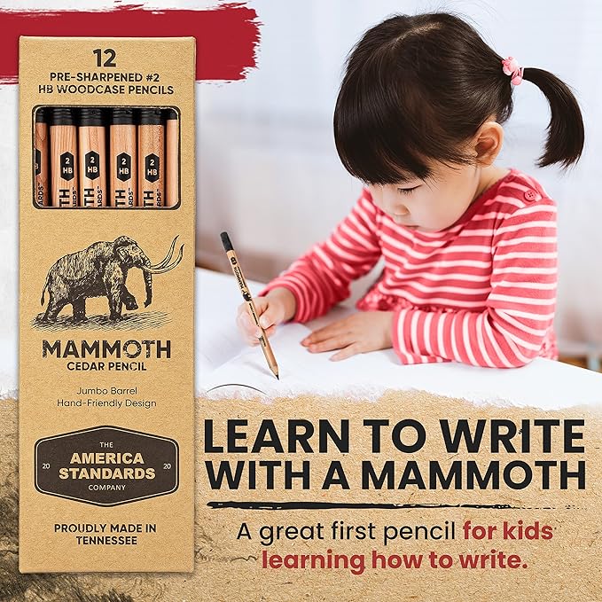 Mammoth Jumbo Pencils - 12 Pack, American-Made Cedar Pencils for Preschoolers, Kids, Carpenters, Handymen, People with Hand Issues, Comfortable Grip, Break-Resistant Graphite Core, Smudge-Free Eraser