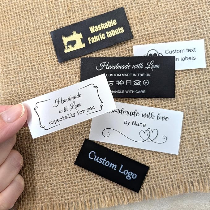 30-200 Custom Logo Iron on or Sew on Labels, Personalized Sewing Labels, Washable Fabric Tags for Handmade, Knitting, Clothing, Quilting and Sewing Crafts, Custom Name Tags for Clothes
