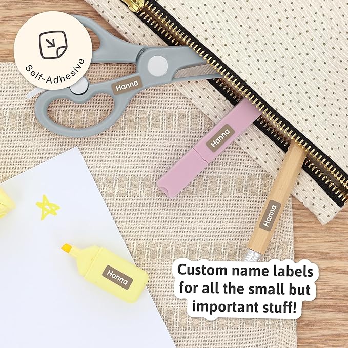 Mini Name Labels (175) - Custom Personalized Name Labels for Labeling Tiny Items, Washer and Dryer-Safe Waterproof Labels for Daycare, Preschool, and School - Brown