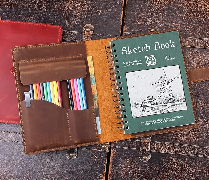 Robrasim Handmade Leather Sketchbook Cover, Leather Artist Sketch Pad Cover for 5.5" x 8.5" Sketchbook, Drawing Book and Pencil Case, Journal Notebook Portfolio, Artis Gifts-Brown