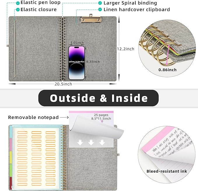 Ospelelf Foldable Spiral Clipboard Folio with Storage Zipper Pouch, 5 Plastic Folders with 10 Pockets,Refillable Lined Notepad (11" x 8.5"), Hardcover Project Organizer with 39 Stickers (Grey)