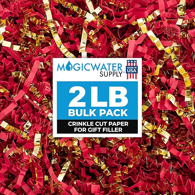 MagicWater Crinkle Cut Paper for Gift Baskets - 2LB - Red & Gold - Perfect for Shredded Paper Filler, Basket Filler, Gift Boxes, Bridesmaid Gifts, Christmas Stuffers & More – Ideal for All Occasions