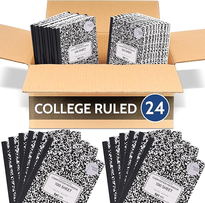 24 Pack - EPI College Ruled Composition Notebook Black - 200 Pages (100 Sheets), 9-3/4 x 7-½ - Classroom Back to School Supplies, Heavy Duty, Durable Hardcover Office Notebooks, Sewn